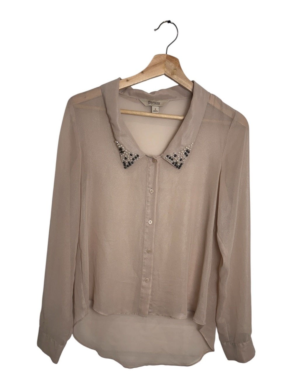 Decree Y2K Blush Sheer Chiffon Blouse S Pearl Beaded Collar High Low Top